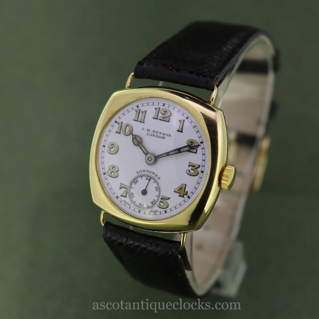 1930s 18ct gold cushion Longines vintage wristwatch.