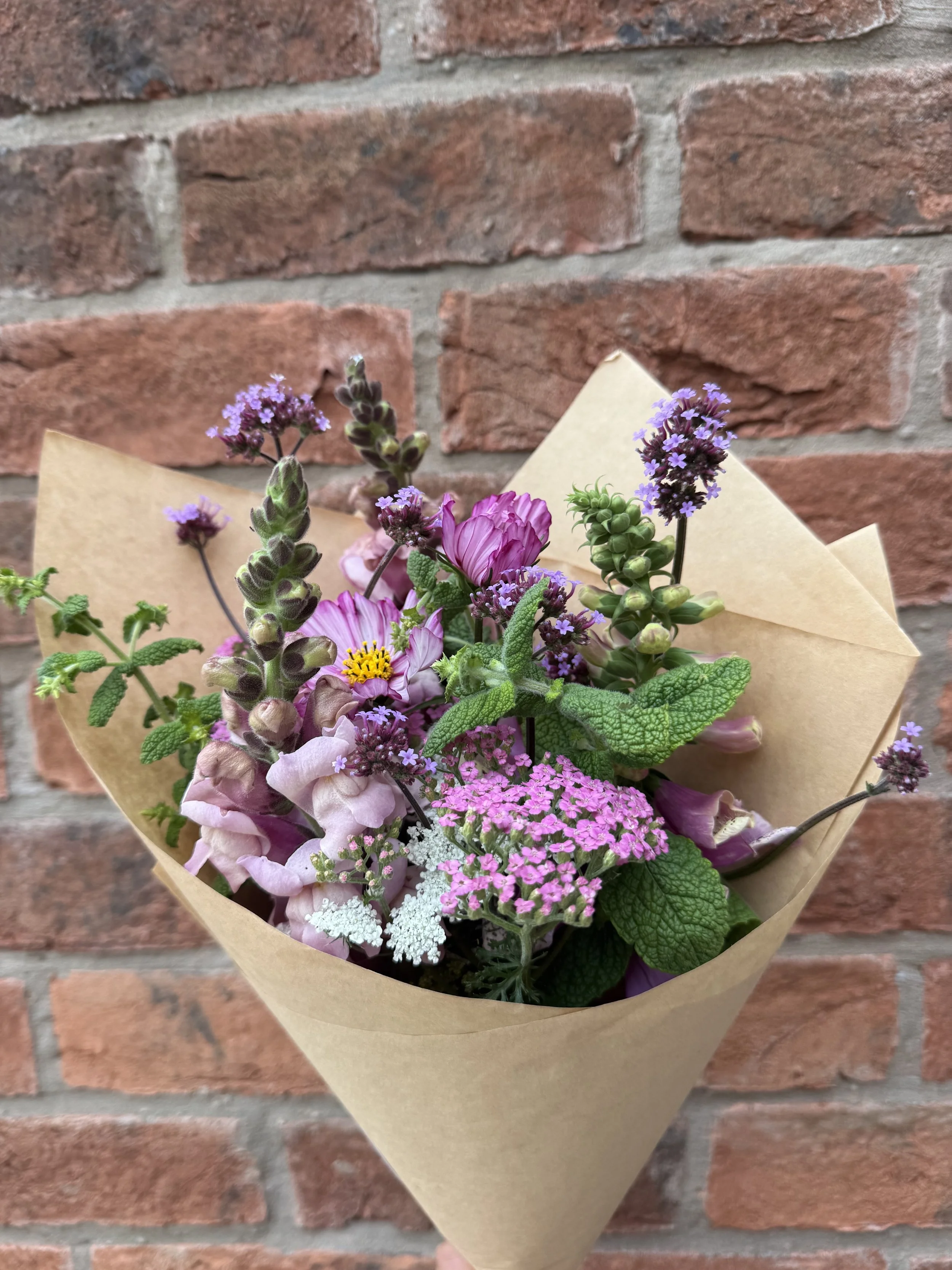 Sustainably grown posy of achillea, cosmos, verbena, snapdragons and mint.