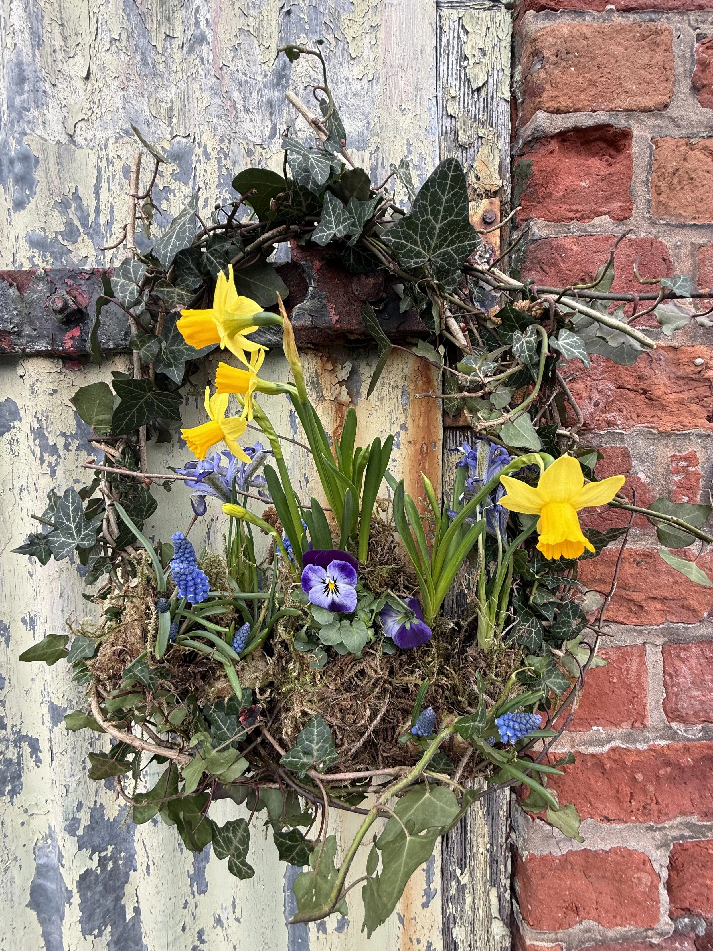 Living spring wreath made with fresh greenery and seasonal plants, arranged on a natural base.
