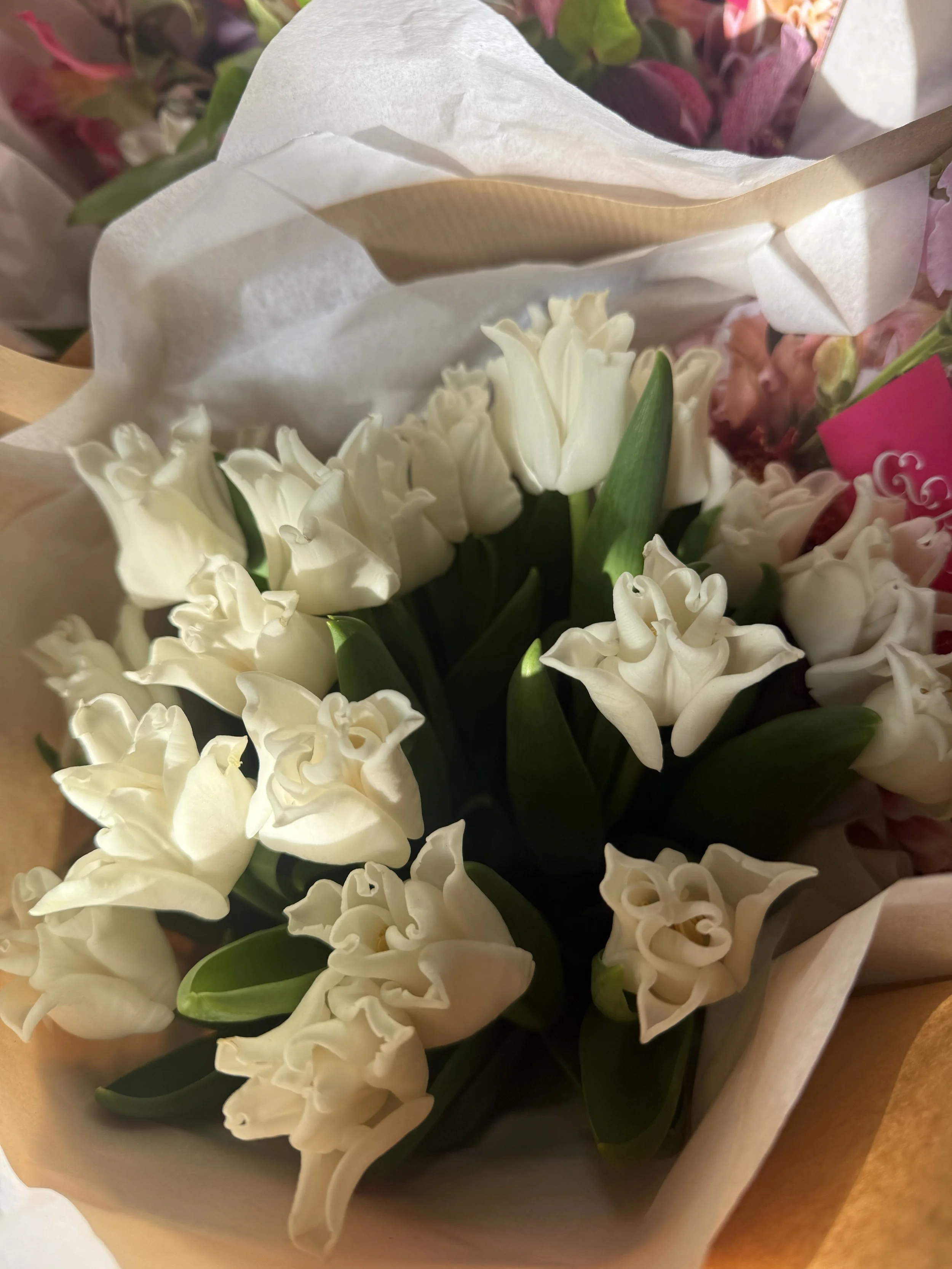 White tulips with green leaves wrapped in white and brown paper.