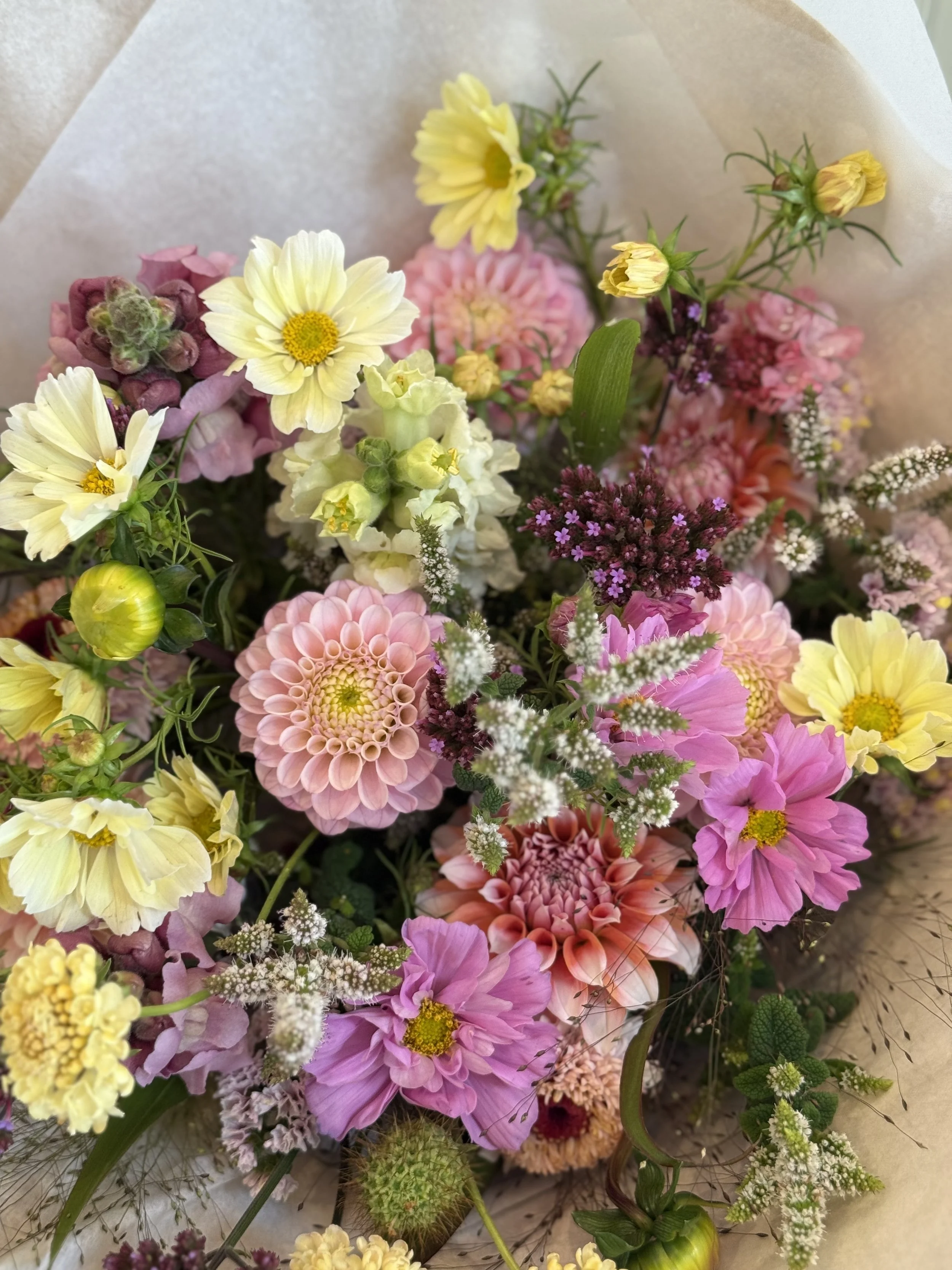 A hand-tied bouquet made with seasonal flowers grown in Britain.