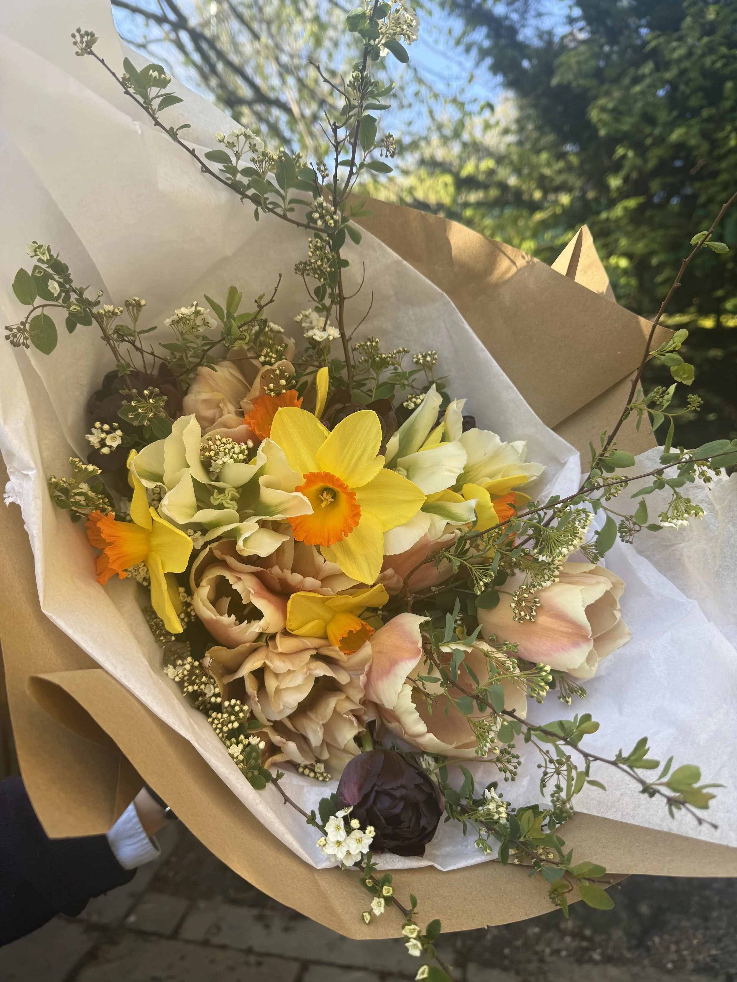 A natural, garden-style bouquet created with British grown seasonal flowers.