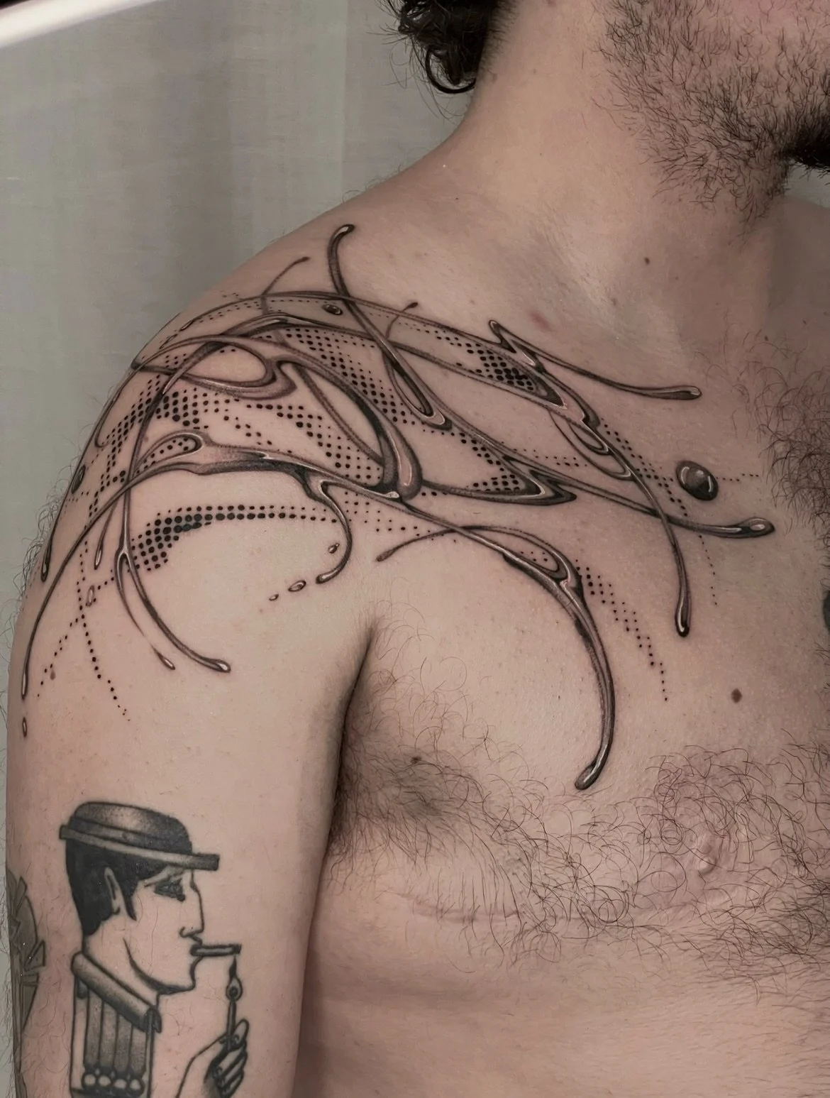 Bit of Chrome and halftone shadow for Ash. I love how this turned out and I&rsquo;m very keen to do more tattoos in this style! 

Made at @sevensaintstattoo