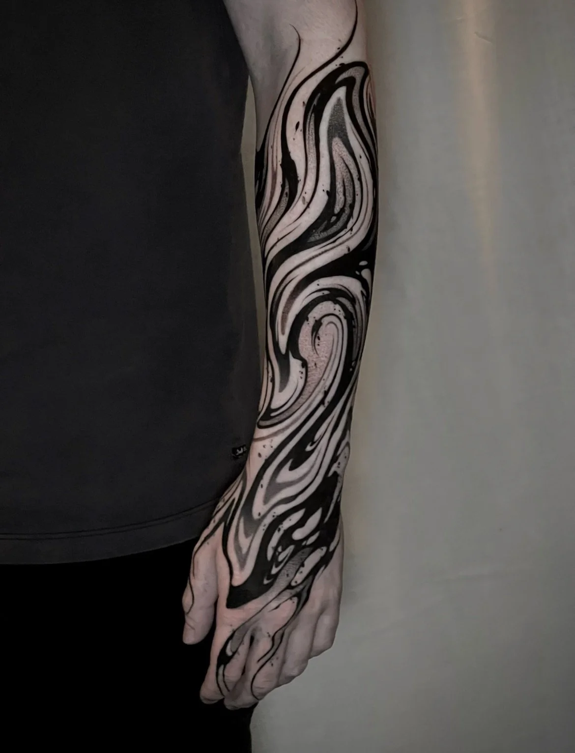 Freehand oil spill for Kee, including a cover up on the inner arm of some old script. This was such a fun project to work on, done over 2 sessions so it&rsquo;s half fresh and half healed here. The majority of the hand is healed with a second pass ov