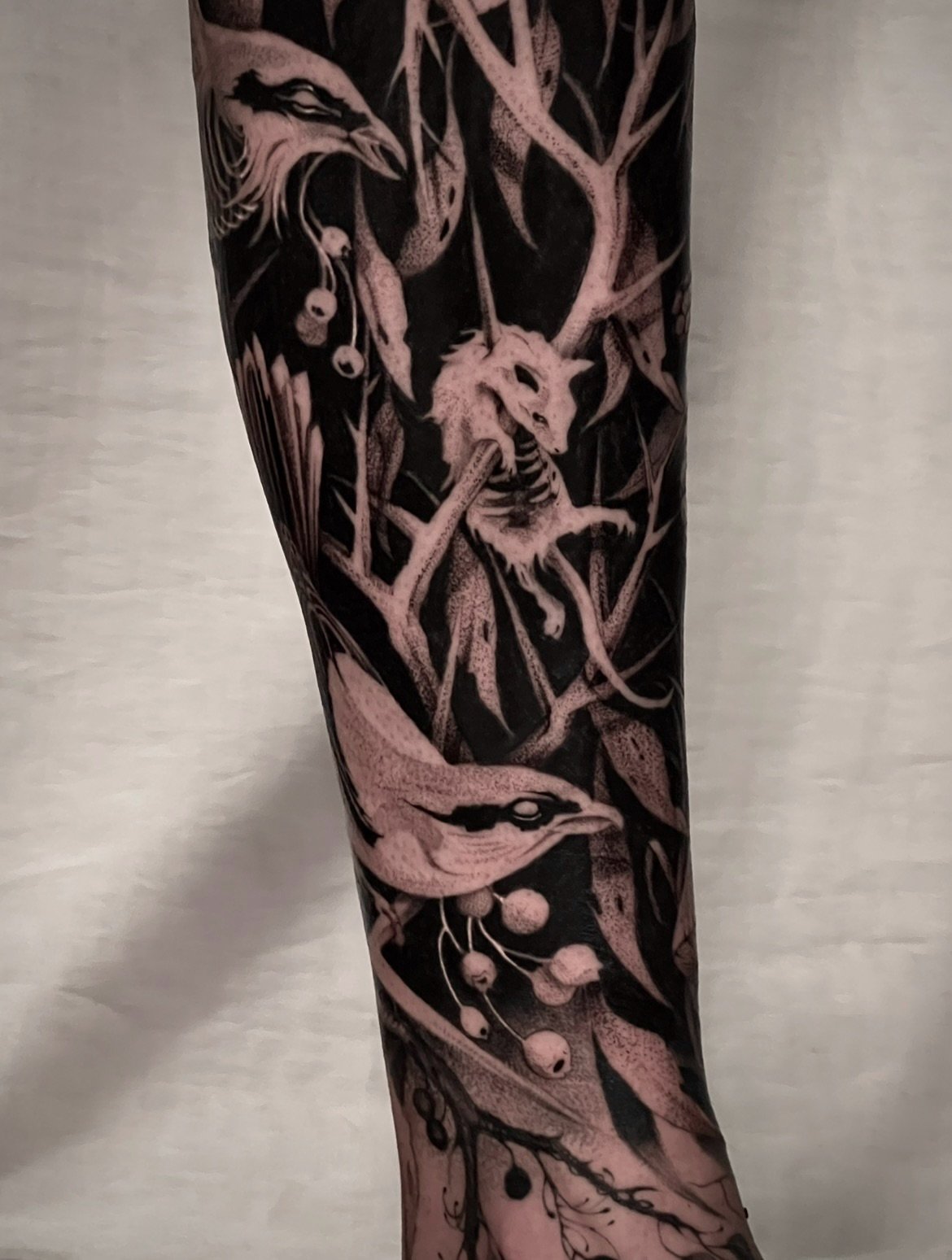 Dark forest leg sleeve in progress for my friend June. I&rsquo;ve been really enjoying exploring this blackwork negative illustrative style and creating scenes with lots of depth and atmosphere. I&rsquo;m very excited to finish off this project soon 