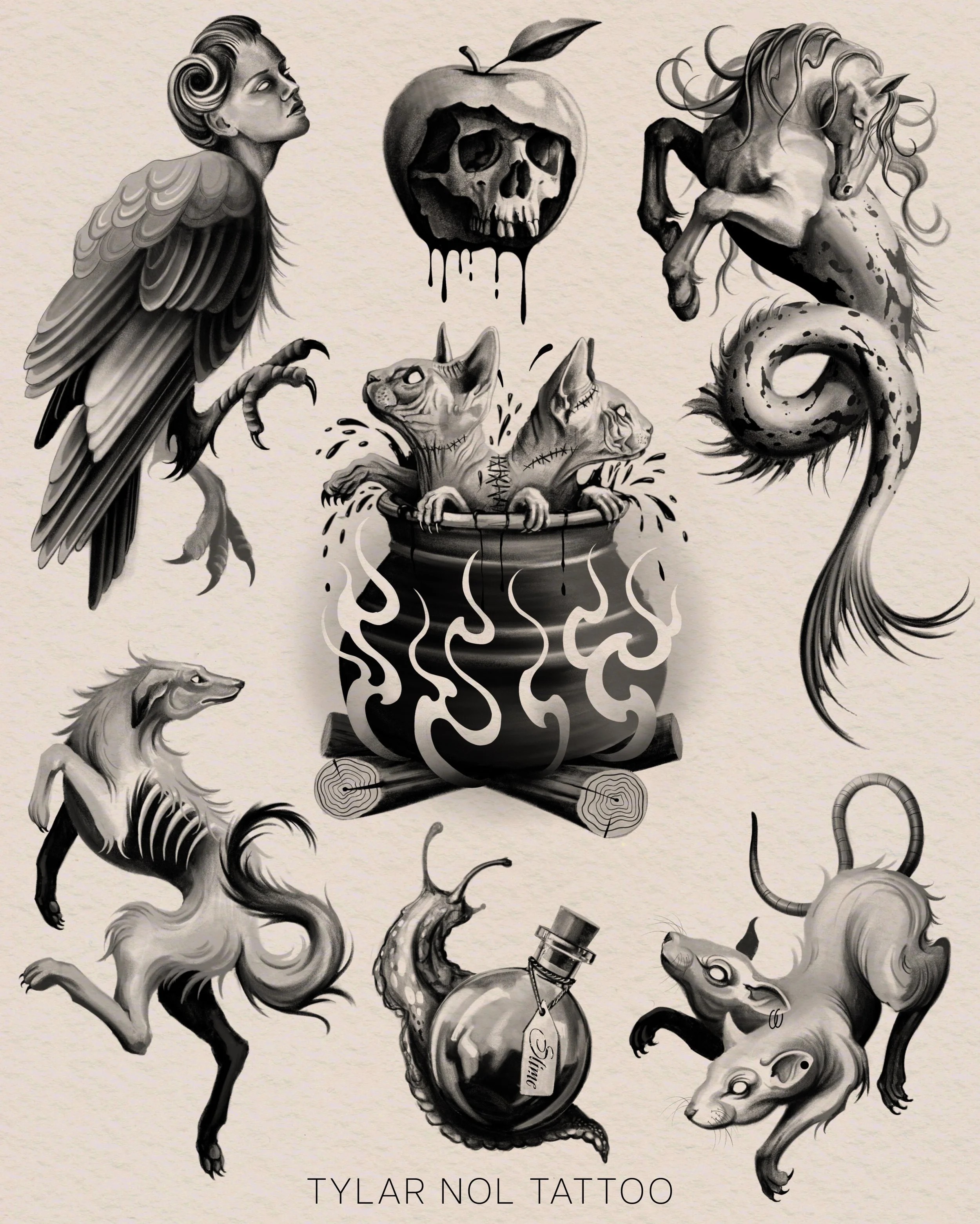Flash for @thecovenexpo this weekend! 
I&rsquo;ll be taking walk ups on both Saturday and Sunday for flash and freehand tattoos 🖤
You can find @raecolliertattoo and I at booth 21
