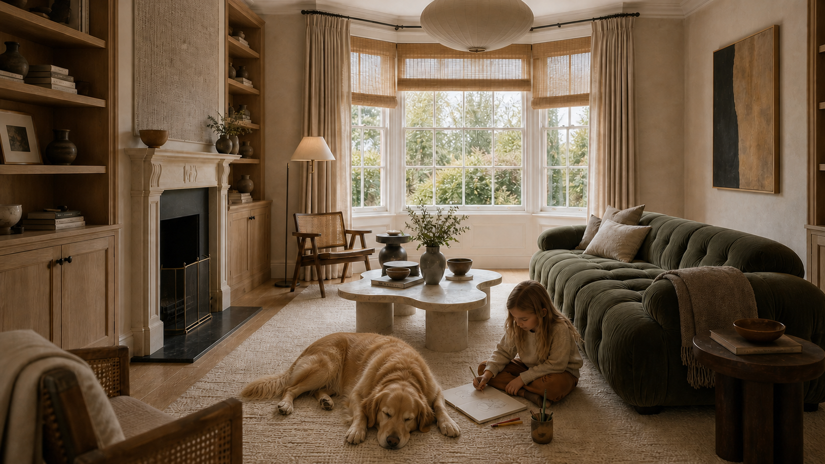 Pet-friendly living room design with durable sofa and washable rug