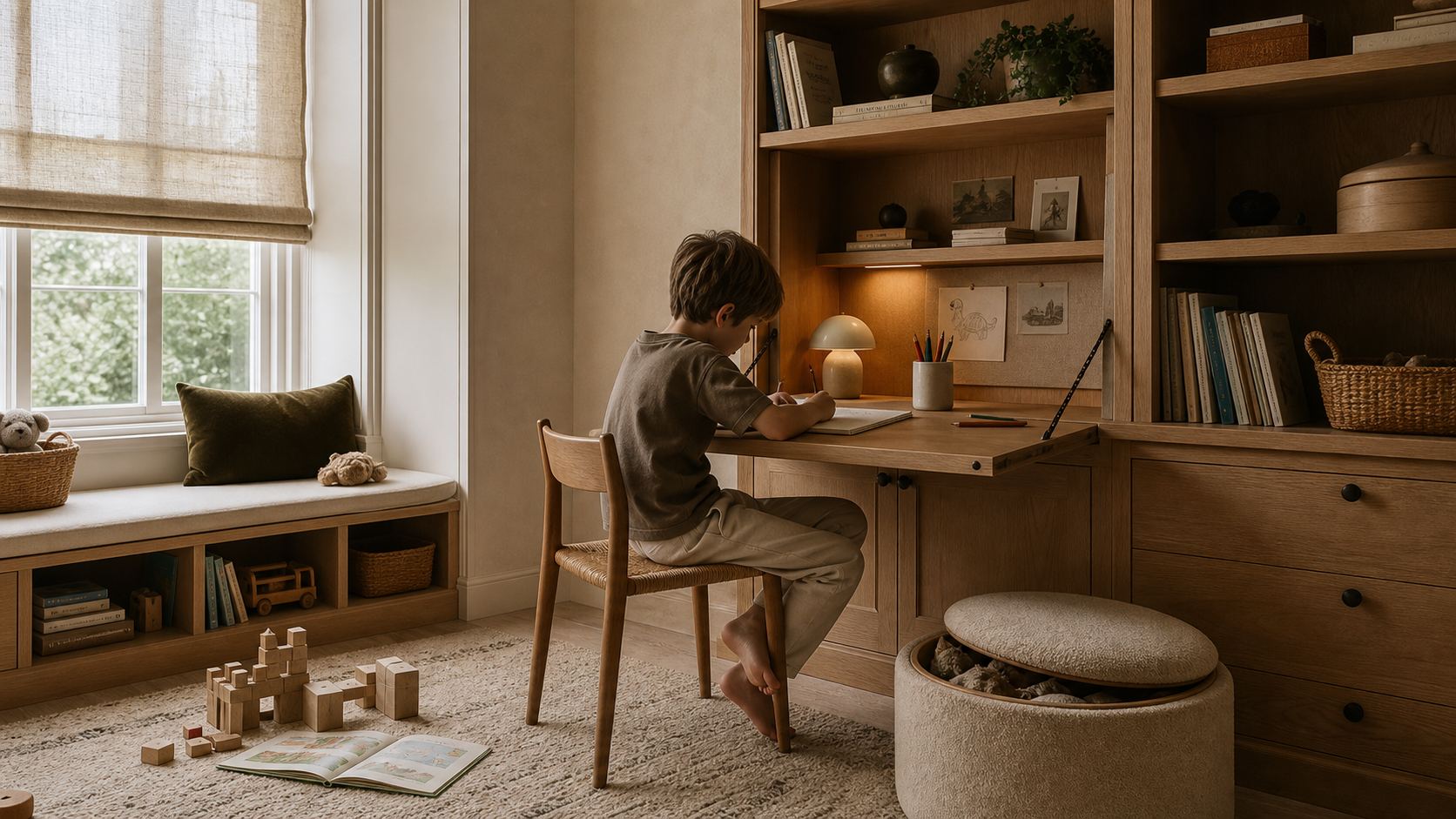 Flexible multi-use family living space with adaptable storage