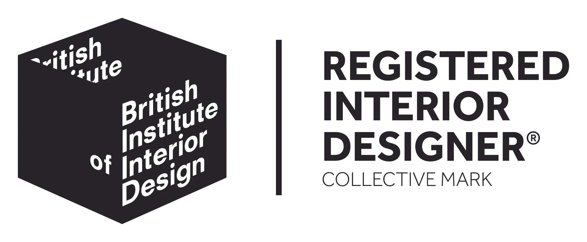 Logo of the British Institute of Interior Design, featuring a black cube with the institute's name in white text on multiple sides and the words 'Registered Interior Designer' and 'Collective Mark' in black and white text to the right.
