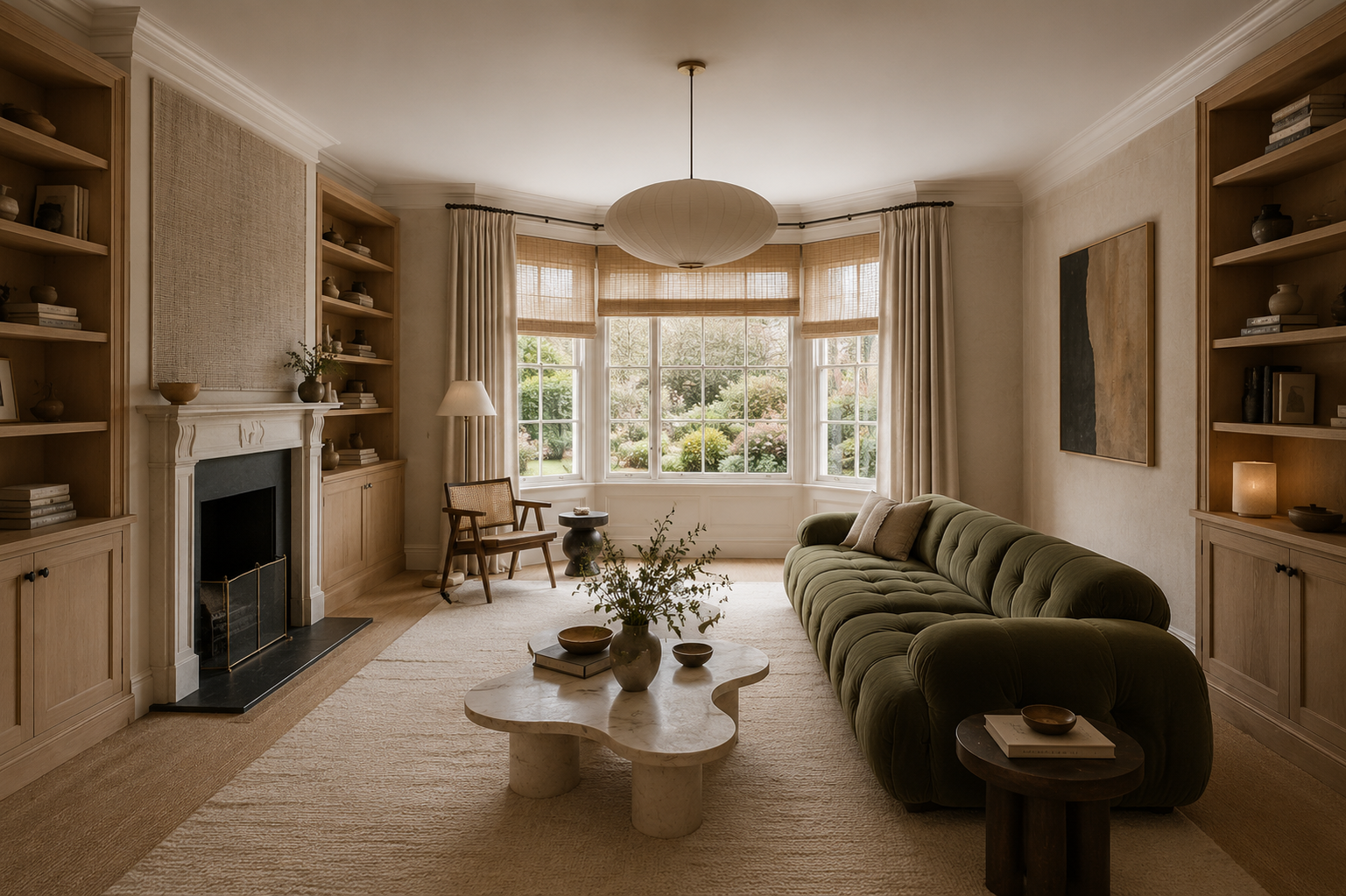 Living room design with green basy window and soft organic tones and neutrals
