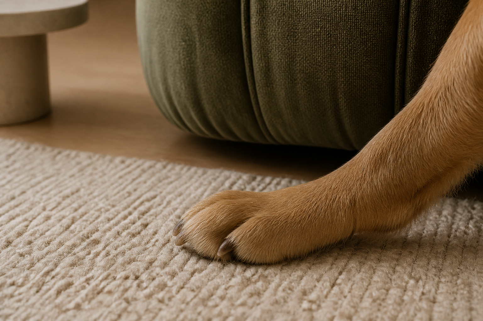 Performance fabric and a flatweave rug — built to take a hit
