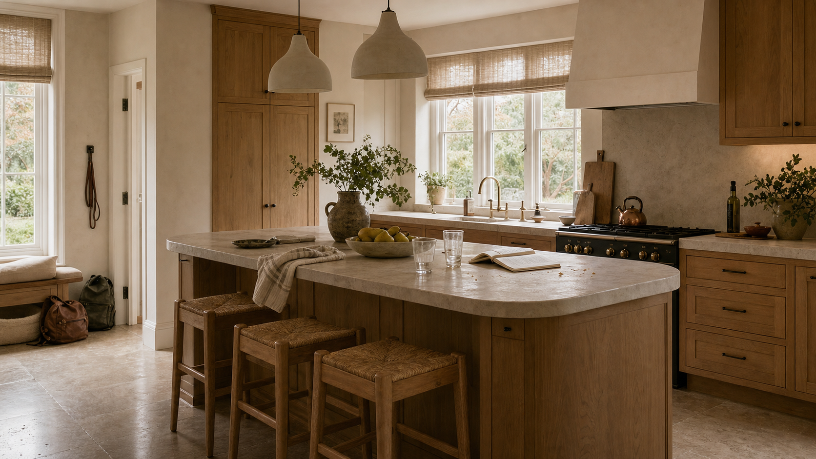 Family-friendly kitchen design with durable countertops and pet feeding nook