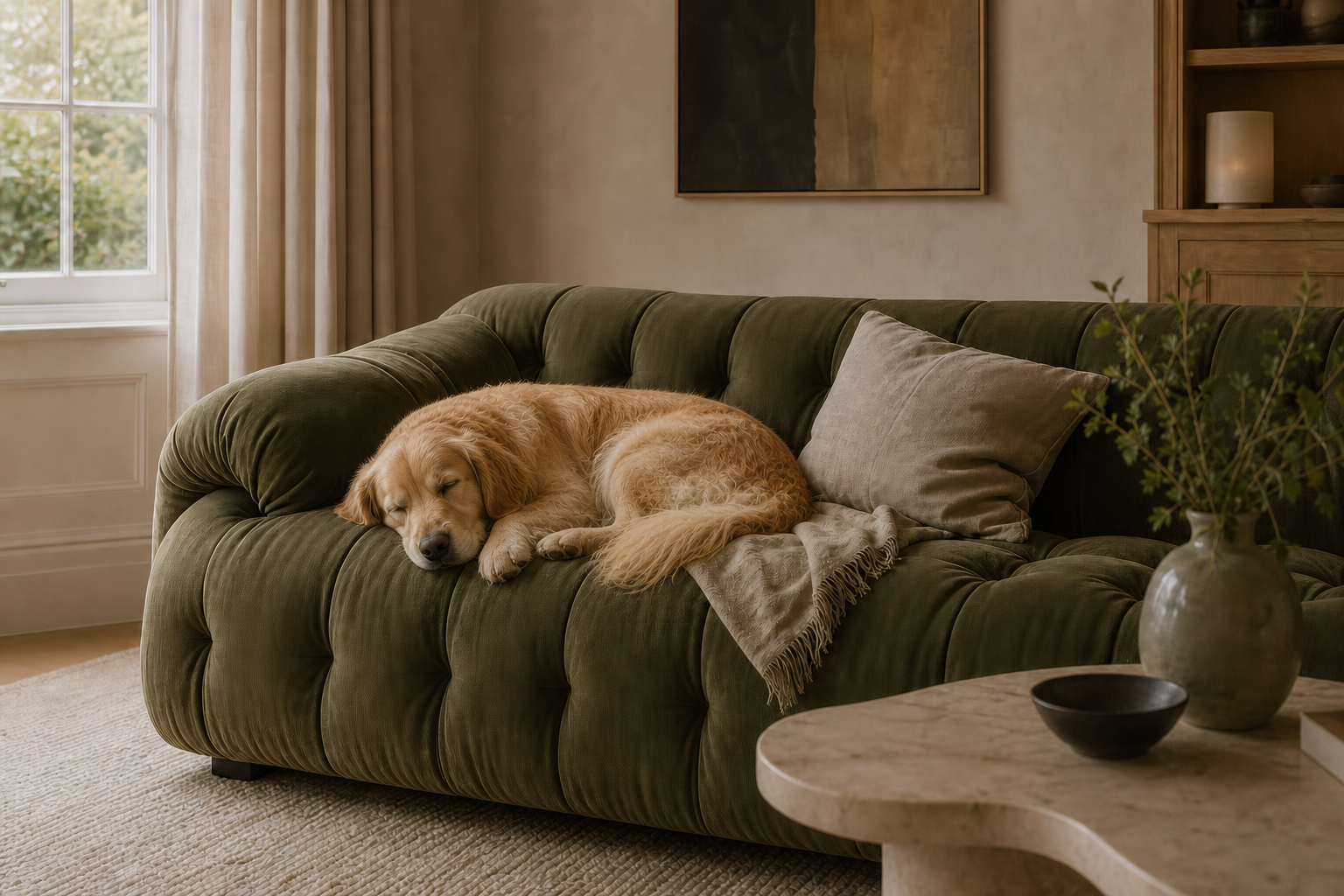 Sofa in living room with pet interior design suffolk, cambridge, london