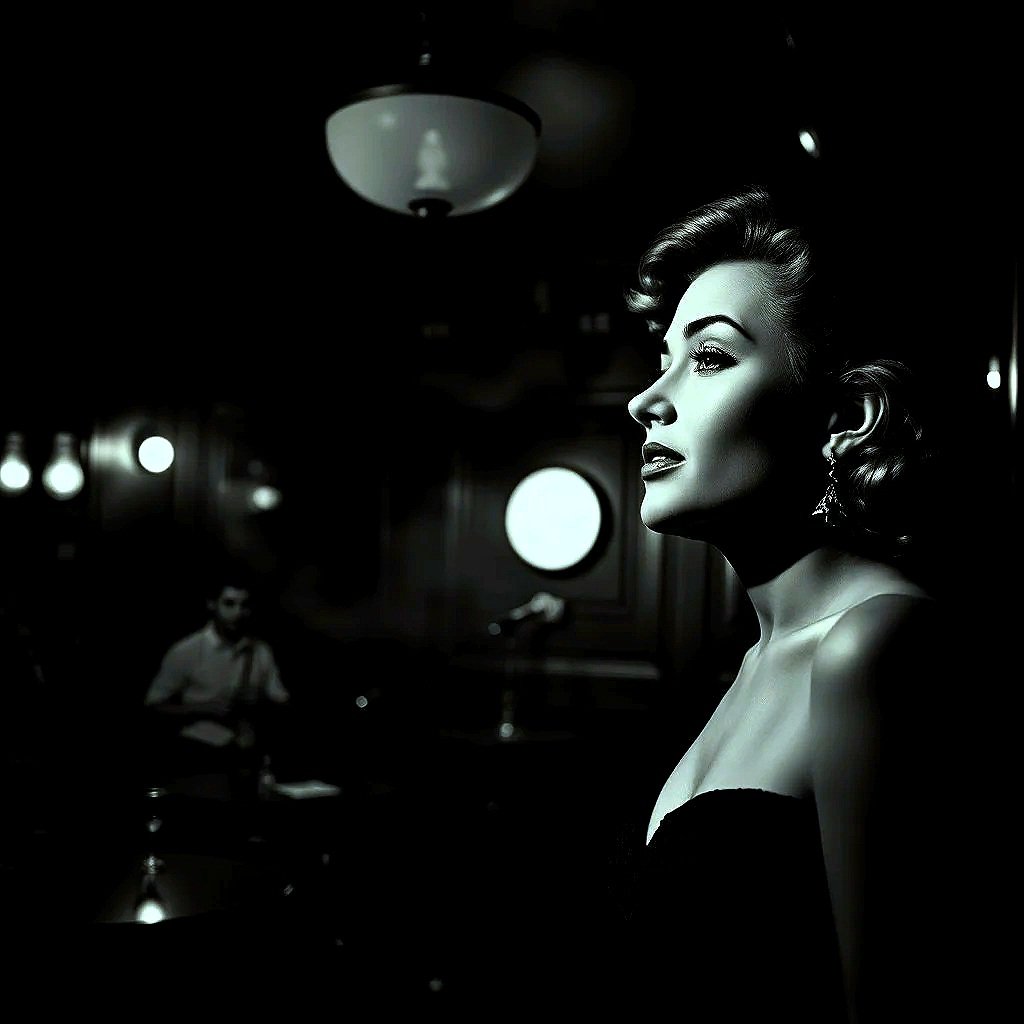 A black-and-white photo of a woman with vintage 1950s hairstyle, wearing earrings, in a dimly lit room with some background figures and lights.