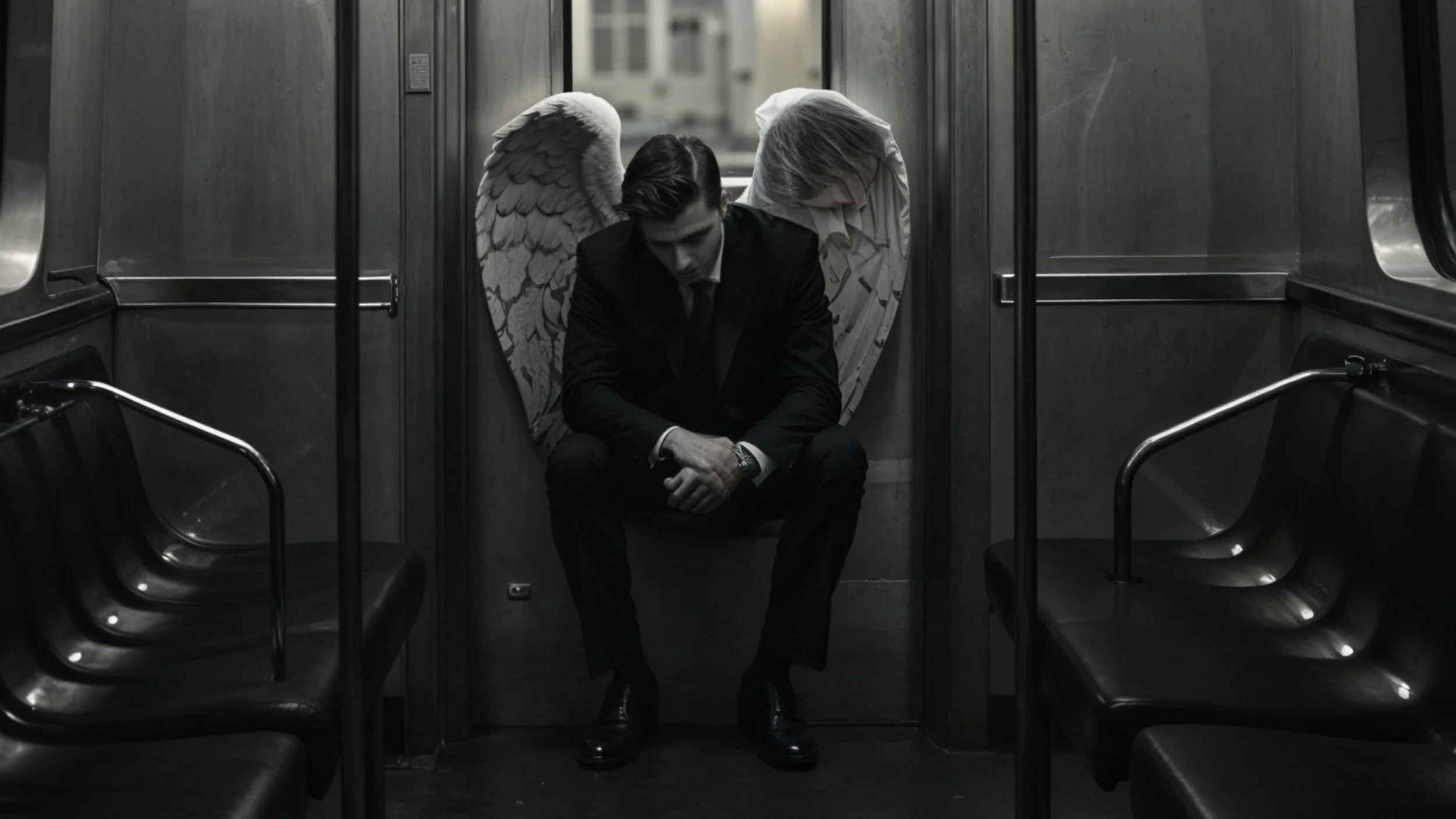 A man dressed in a black suit with angel wings, sitting on the floor of an empty subway train, hunched over with his head down.