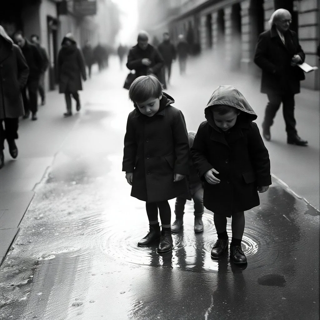 Two children walk on a wet city street with puddles, while older people walk in the background on a foggy day.