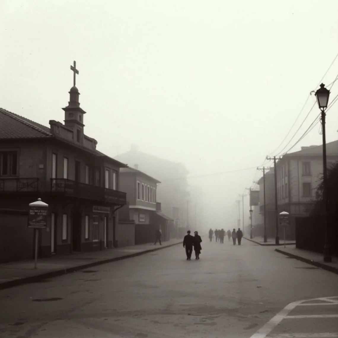 A foggy street scene with old buildings, street lamps, and a few people walking in the distance.