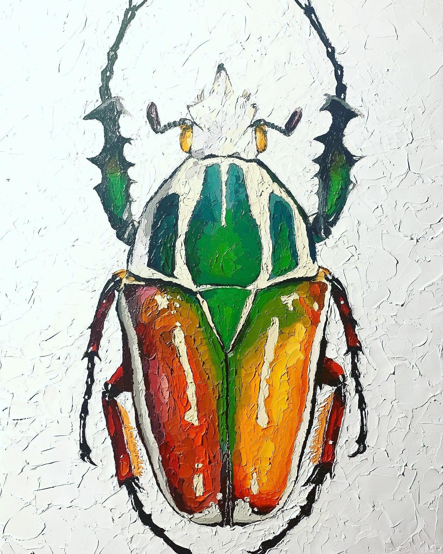 Super colourful oil painting of an amazing Goliath Beetle&hellip; using pallet knife&hellip; I&rsquo;ve started experimenting with lots of texture, oil paint and bigger paintings&hellip; this is the first one&hellip; I&rsquo;ve wanted to do this styl