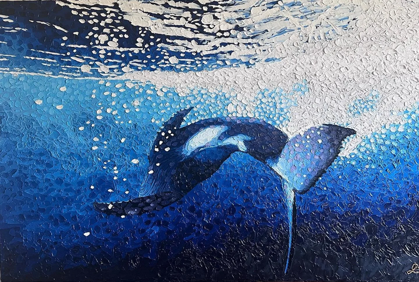 Painted with a pallet knife and oil paint, spanning over a couple of years as I figured bits out&hellip; this beautiful humpback whale painting was inspired by the sublime feeling of the presence of God during worship. The song &lsquo;In over my head