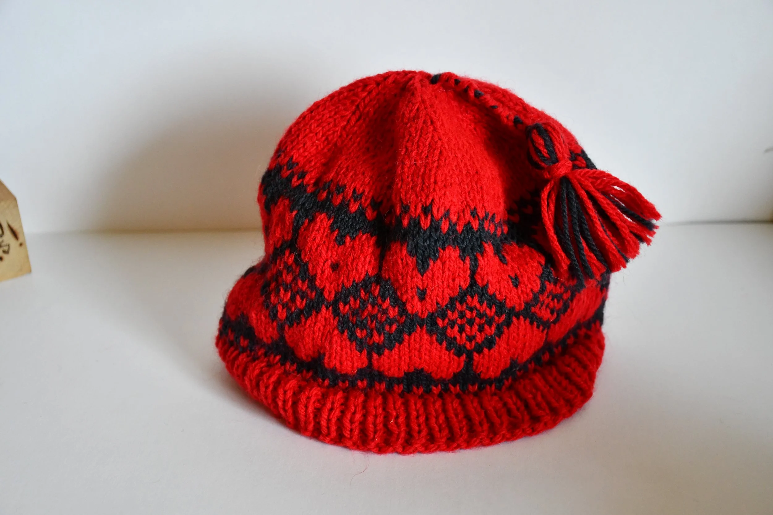 Hand knitted Fair isle Hat Red and Black Made to order