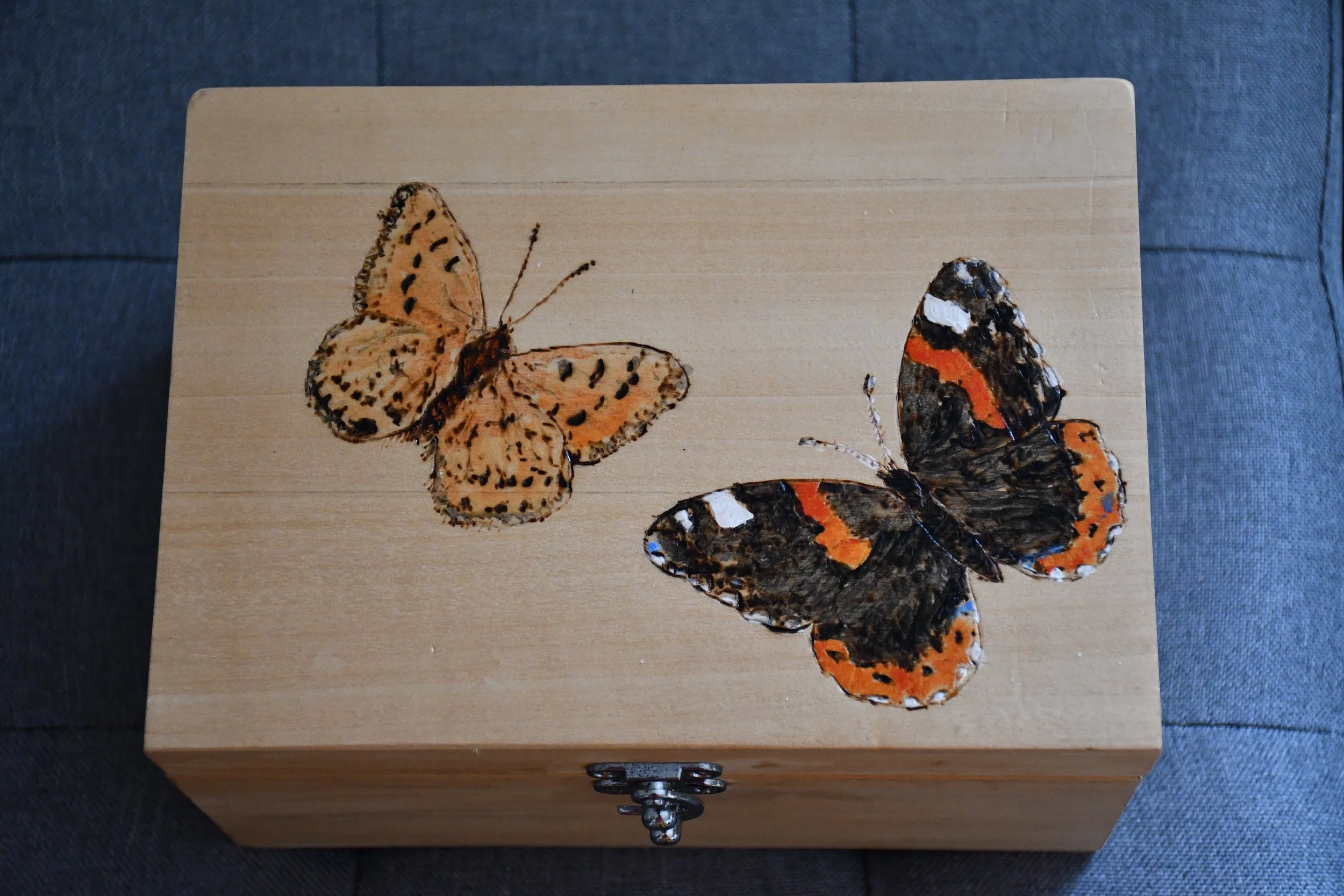 Wooden 'Butterflies' Box pyrography and paint