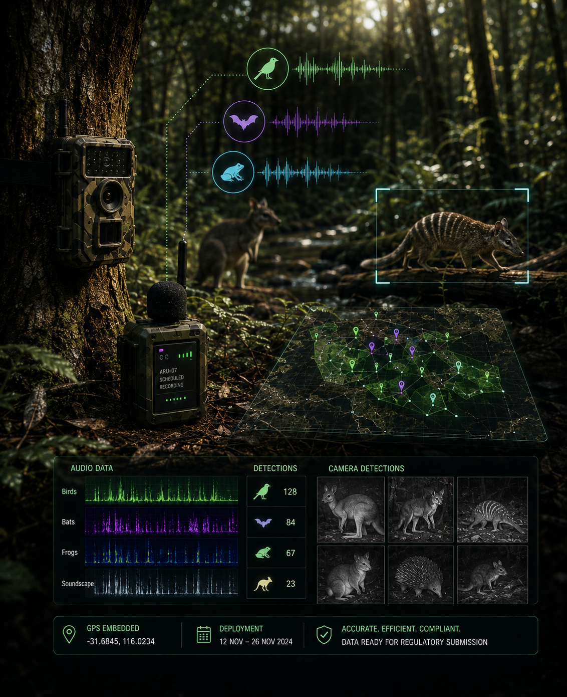 A wildlife monitoring scene in a forest with automated recording equipment and digital overlays showing bird, bat, frog, and soundscape detections, along with camera images of various animals like a kangaroo, a raccoon, a porcupine, and a small mammal.