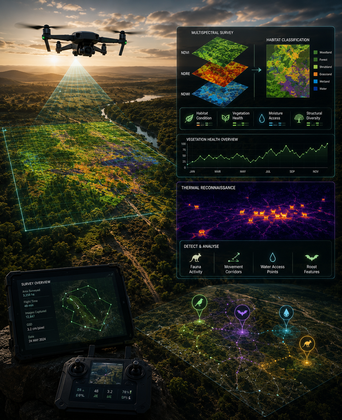 A drone flying over a landscape with a digital overlay showing multispectral survey data, habitat classification, vegetation health, thermal reconissance, and wildlife detection.