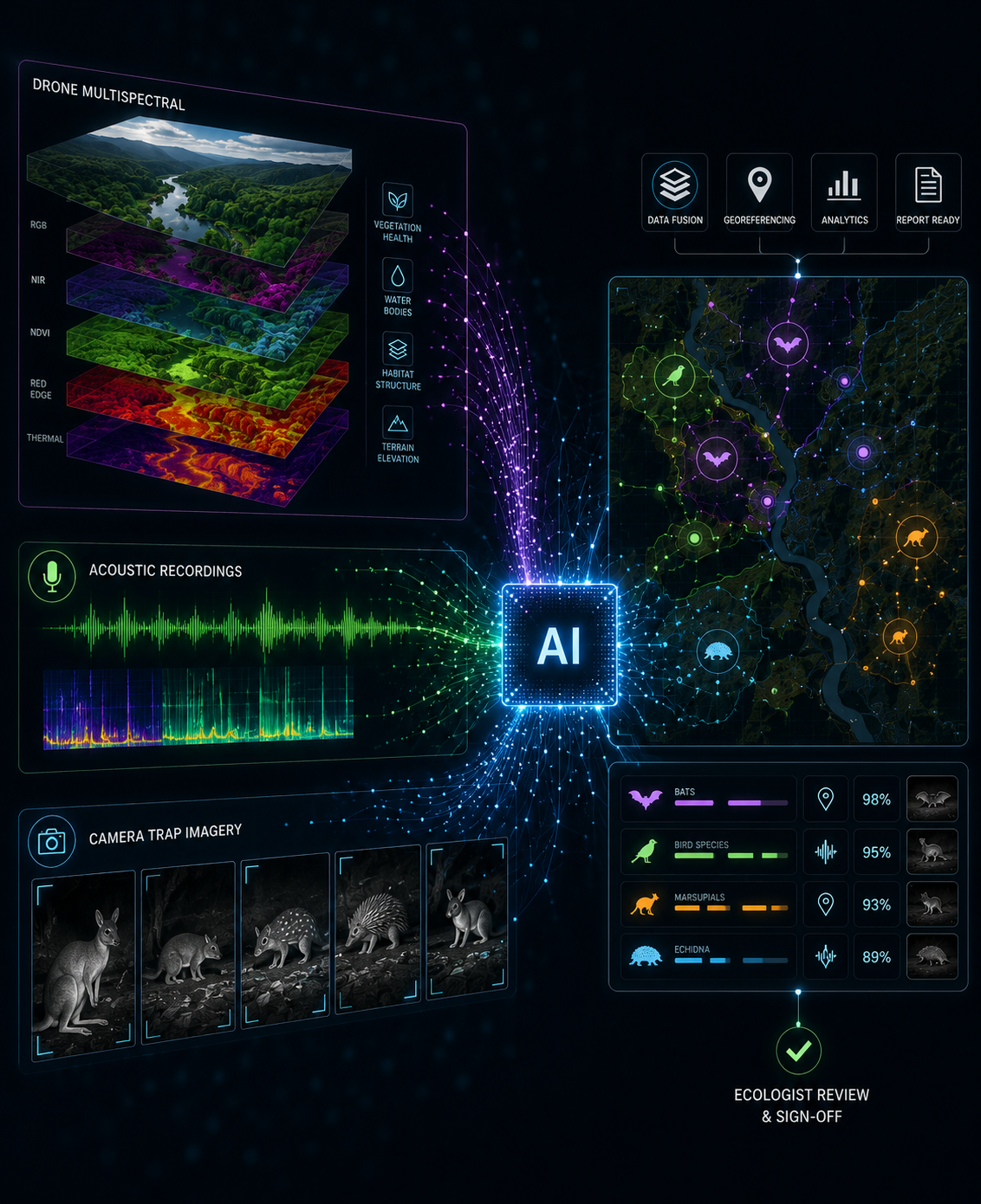 A digital infographic displaying data collected by AI for ecological monitoring. It includes layered maps of vegetation health, water bodies, habitat structure, and terrain elevation, along with acoustic recordings, camera trap images of wildlife such as kangaroos, echidnas, and various bird species. The infographic features symbols for data fusion, georeferencing, analytics, and reporting, as well as tracking statistics of animals like bats, birds, marsupials, and echidnas, with a final review and sign-off step.