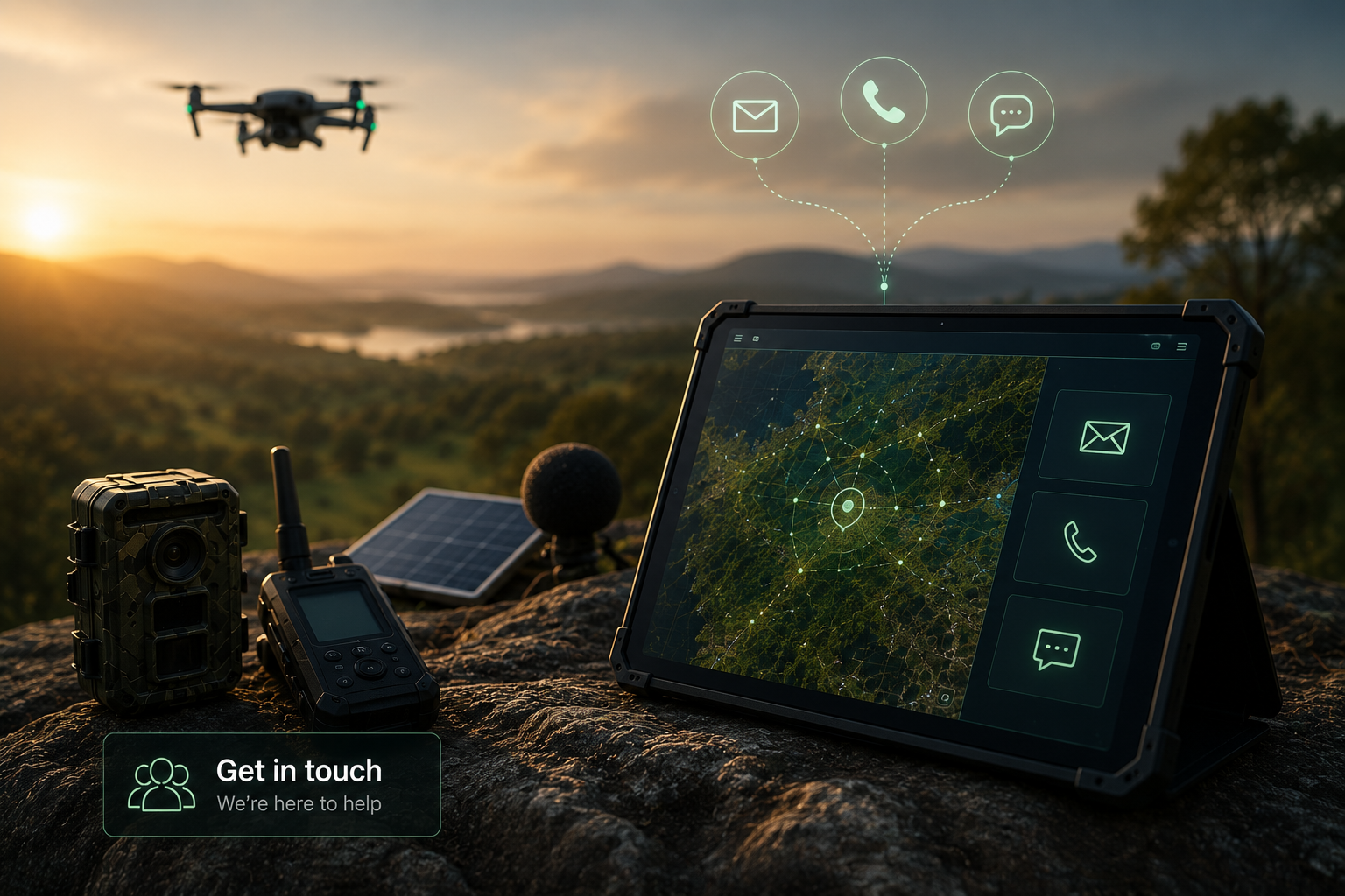 A drone flying over a scenic landscape at sunset, with communication and mapping technology setup including a tablet, a radio, a camera, and solar panel, all on rocks with landscape and mountains in background.