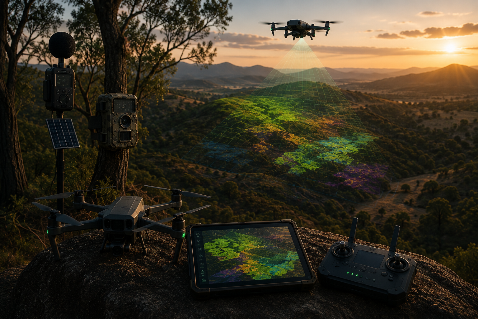 Drones, a remote control, a tablet, a camera, and a 3D map of terrain in a sunset landscape.