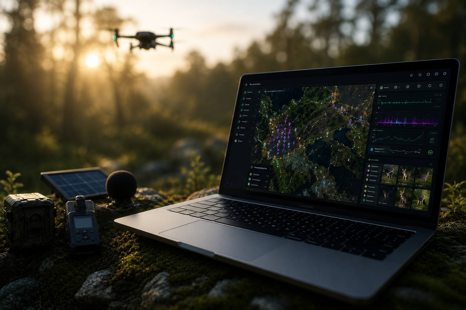 A laptop with a wildlife tracking software displaying a detailed map with various locations marked, surrounded by a camera, a small solar panel, a drone, a microphone, and a portable recording device, set outdoors during sunset.