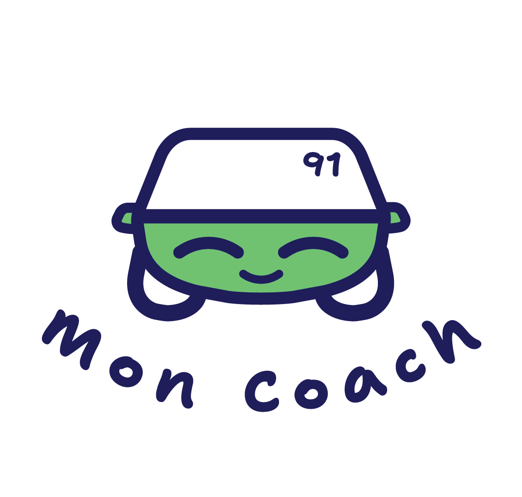A cartoon-style smiling green and black police car with the number 91 on the windshield and the words 'mon coach' underneath.