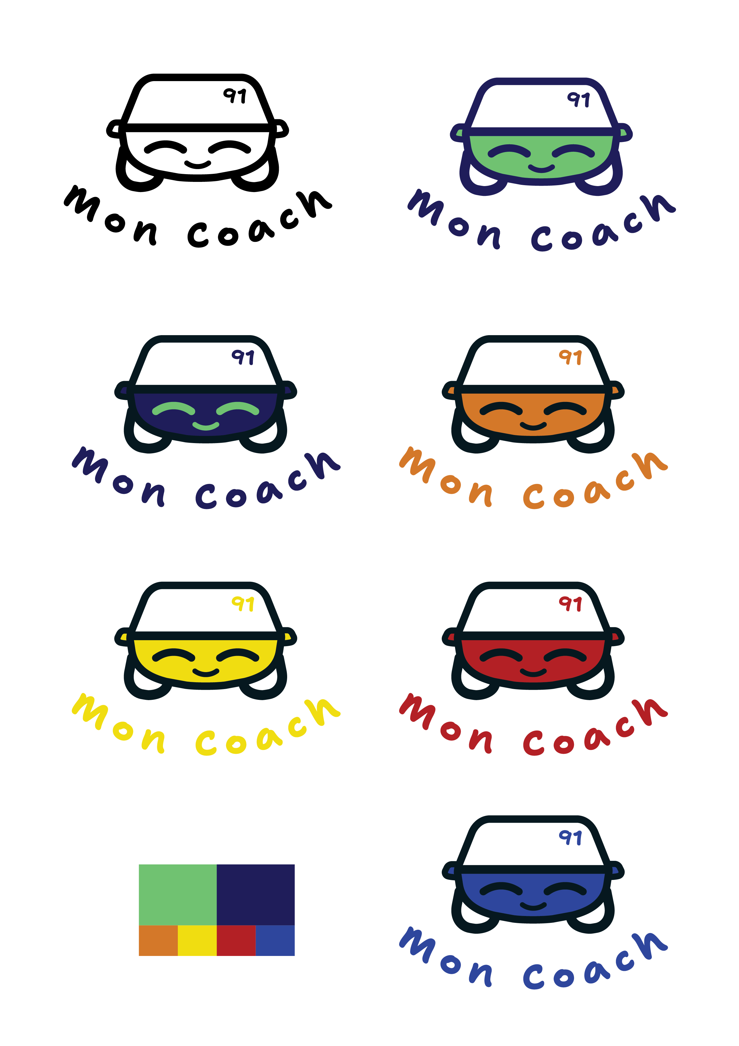 Colorful graphic featuring six smiling police car icons, each in different colors (green, dark blue, orange, yellow, red, and blue), with the text "mon coach" below each, set against a black background. A small color palette is at the bottom left.