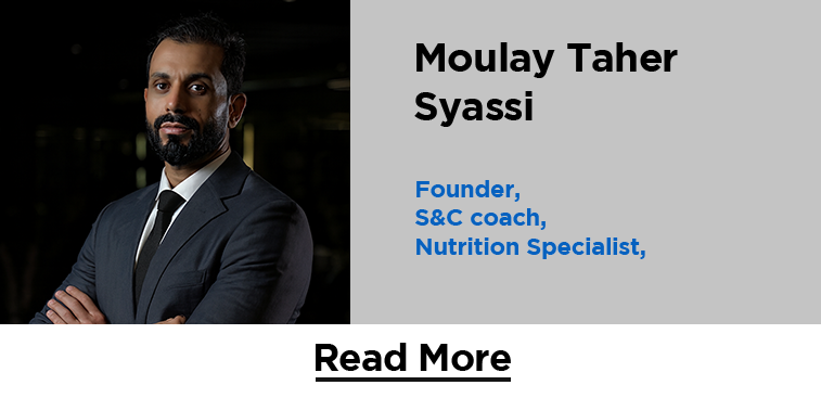Professional portrait of Moulay Taher Syassi, founder, S&C coach, and nutrition specialist, with his arms crossed and a serious expression.