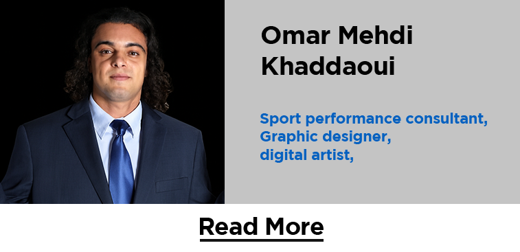 Professional photo of Omar Mehdi Khaddaoui in suit and tie, with his name and titles for sport performance consulting, graphic design, and digital art.