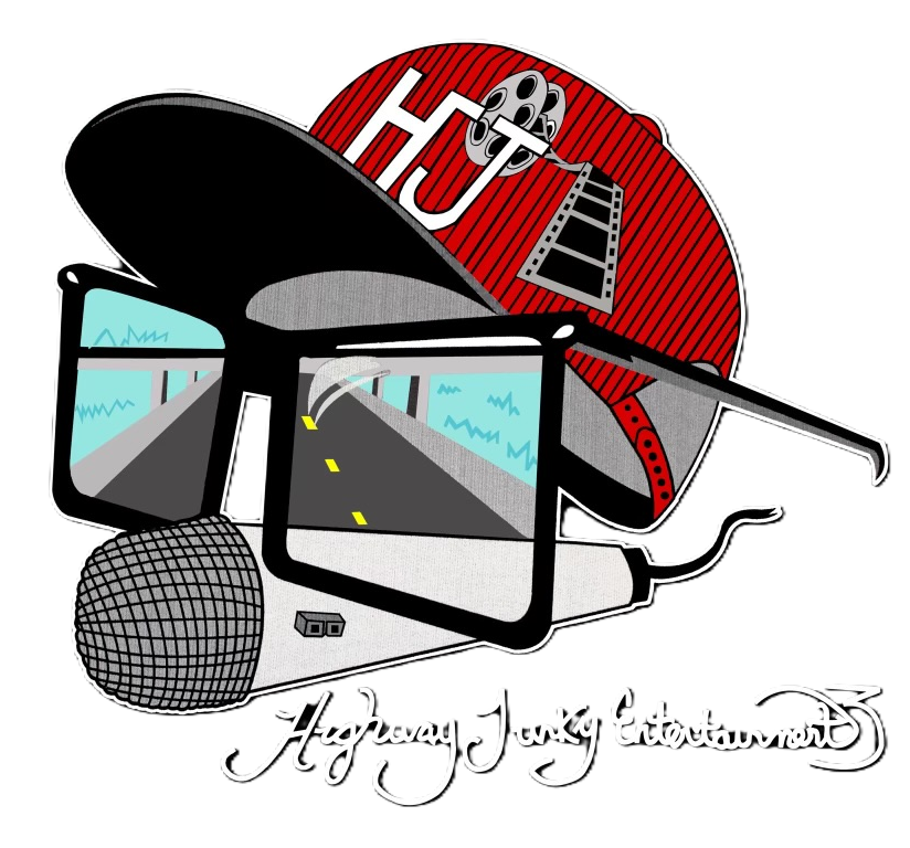 A logo for Highway Junky Entertainment featuring a red film reel with a film strip, a microphone, and a tablet displaying a highway. The logo has a black background and stylized white cursive text at the bottom.