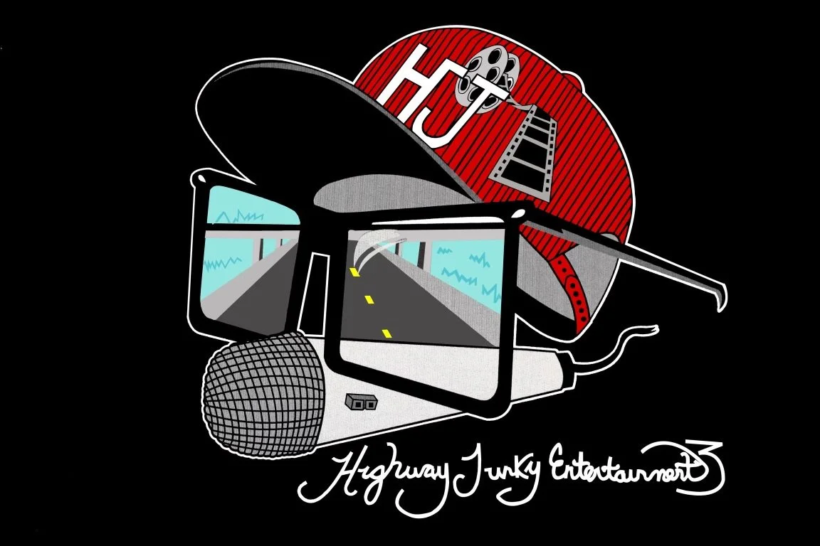 Graphic design featuring a road with a highway view, a microphone, a pair of glasses, a red cap with film reel iconography, and the words "Highway Junky Entertainment".