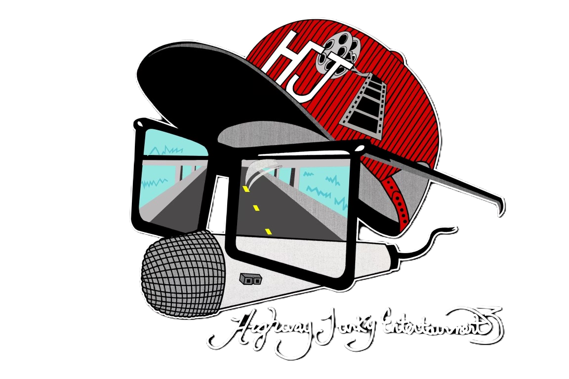 Stylized illustration of a microphone with road scene in the background, a red cap with film reel and director's clapboard, and the text "Highway Junky Entertainment" at the bottom.