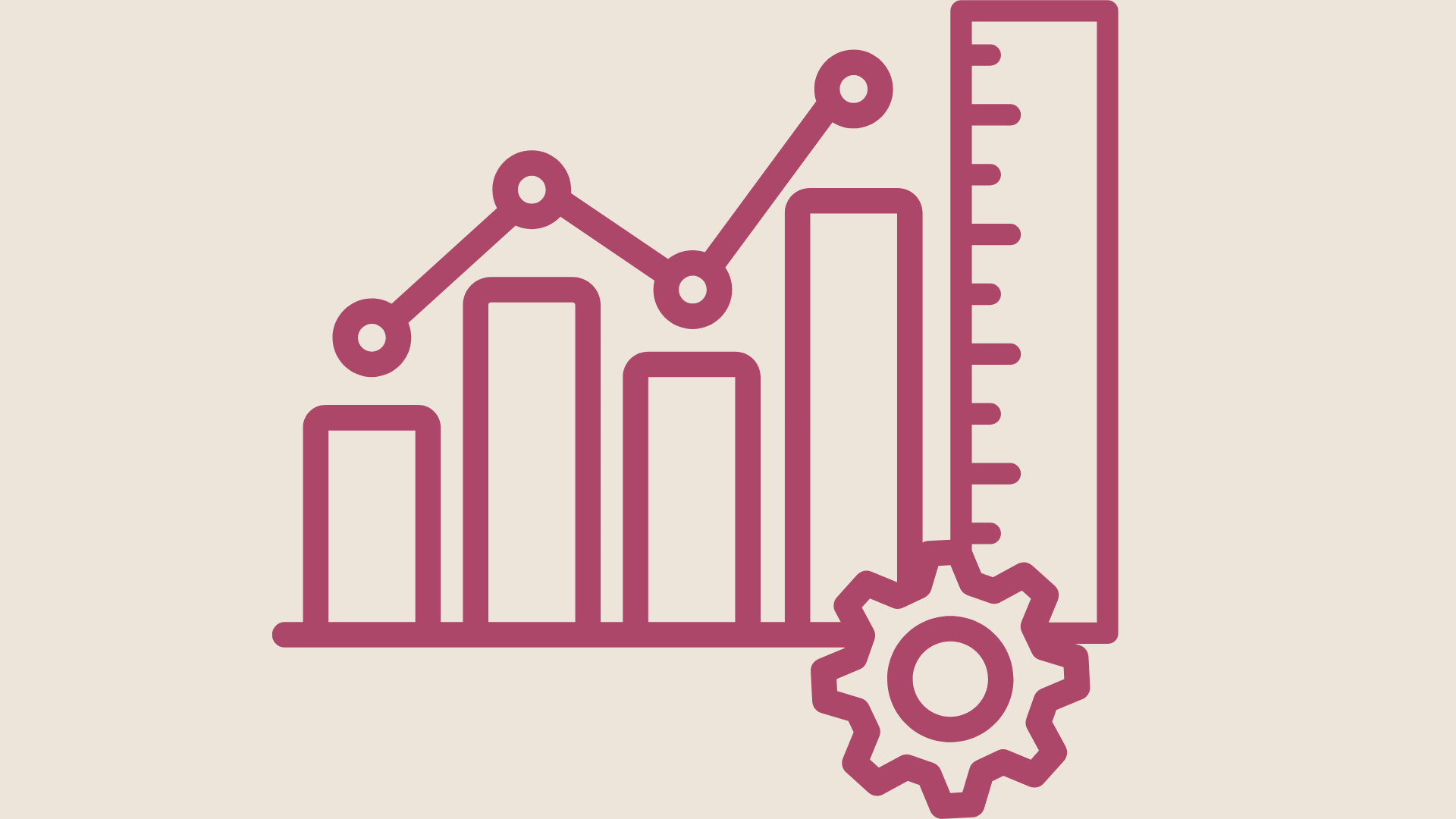 Line graph with bar chart and gear icon, representing data analytics or statistical analysis.