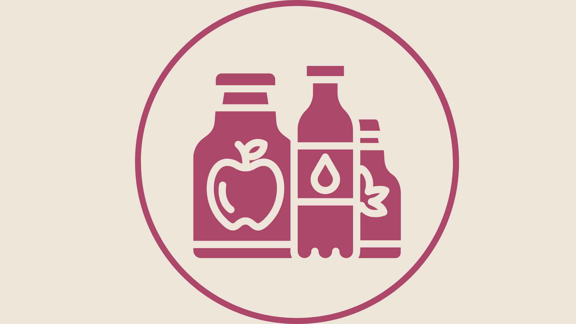 Silhouette of four beverages with fruit and leaf icons inside a circle.