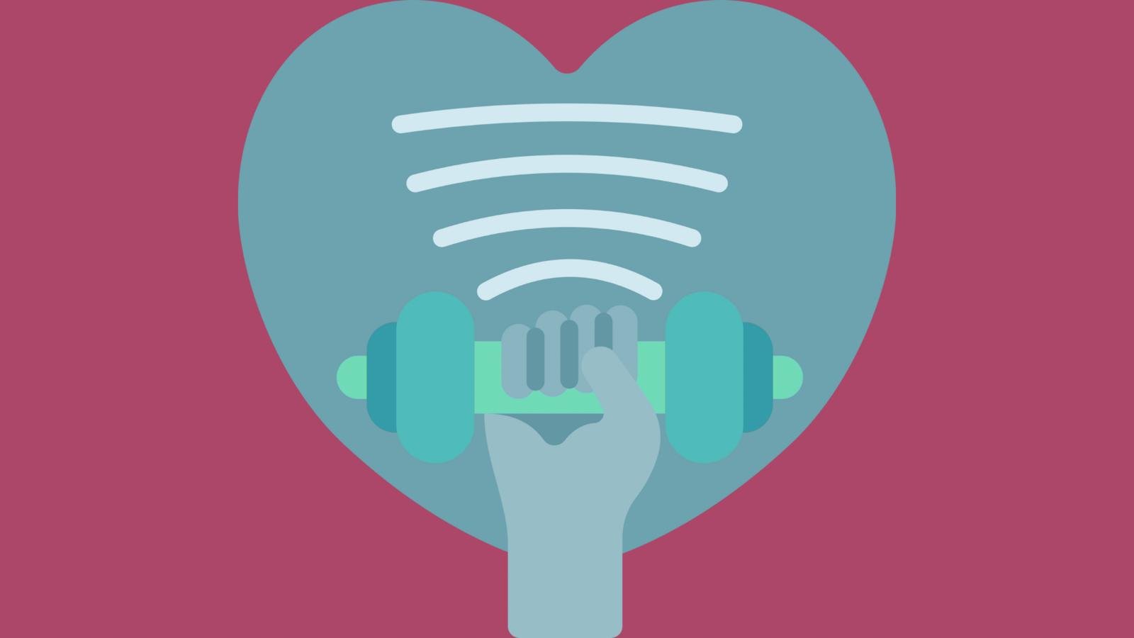 Illustration of a hand holding a dumbbell inside a heart with Wi-Fi signal lines radiating above, symbolizing health and fitness connectivity.