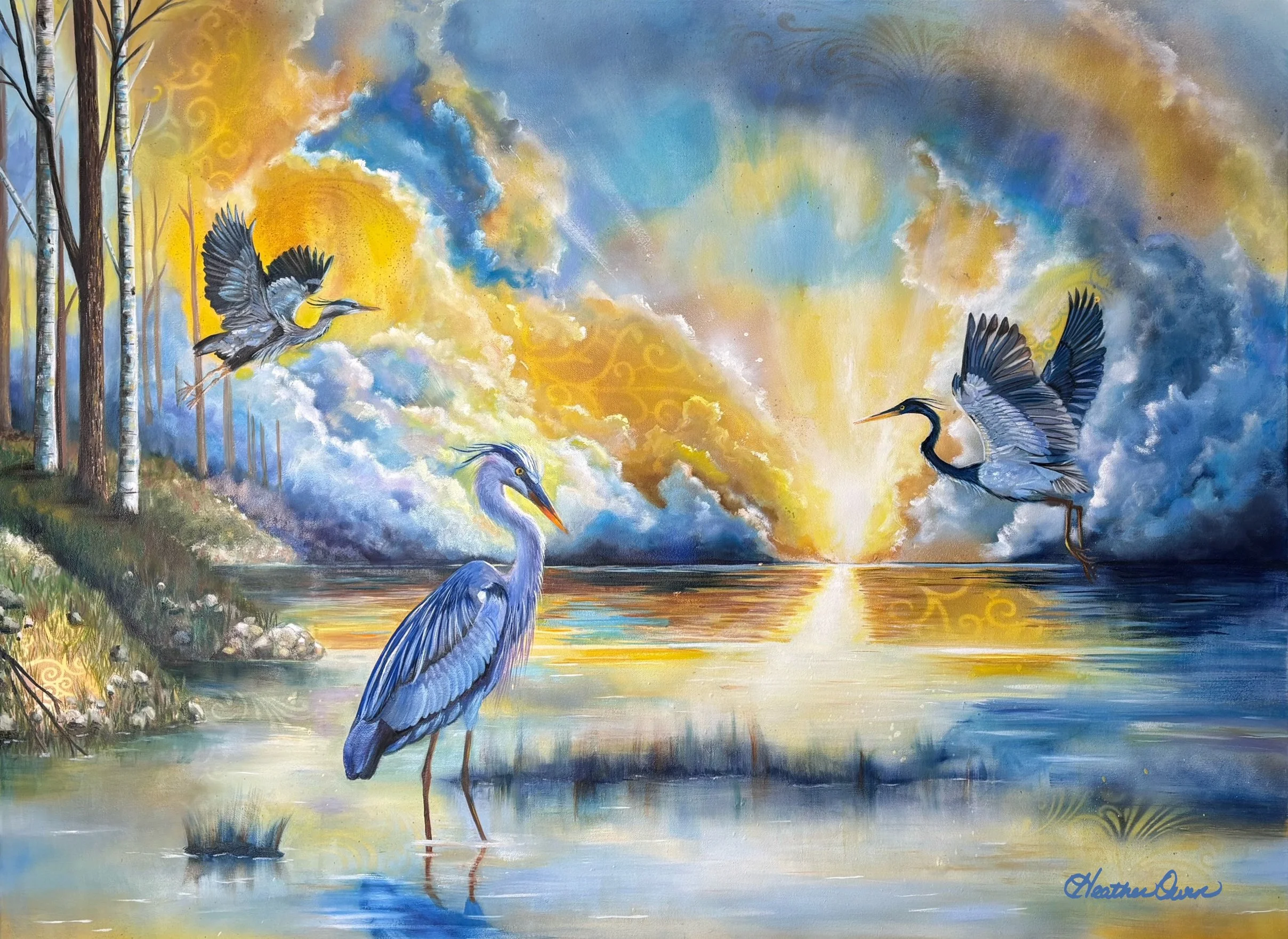 Blue Heron Golden Sunrise Sunset on Water in Living Room.jpg