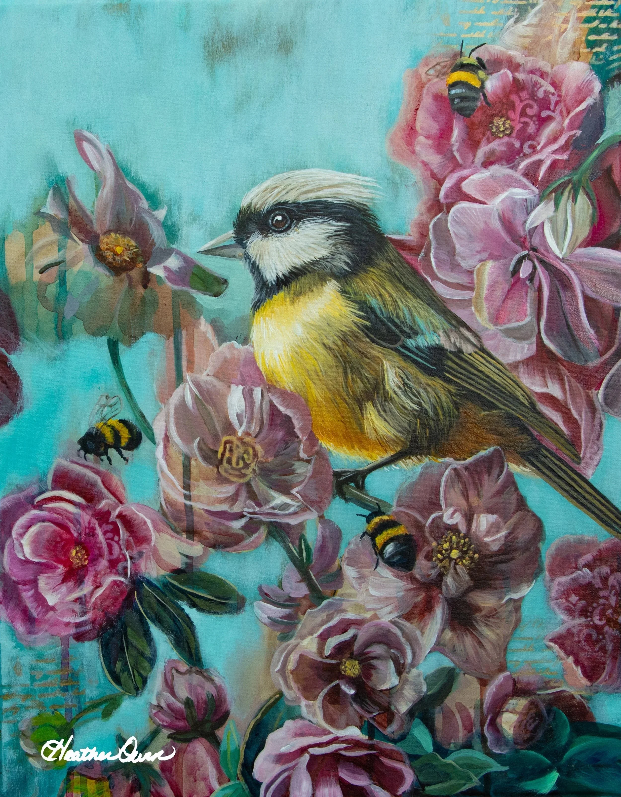 Yellow+Chickadee+in+pink+and+dusty+rose+flowers+pretty+signed.jpg