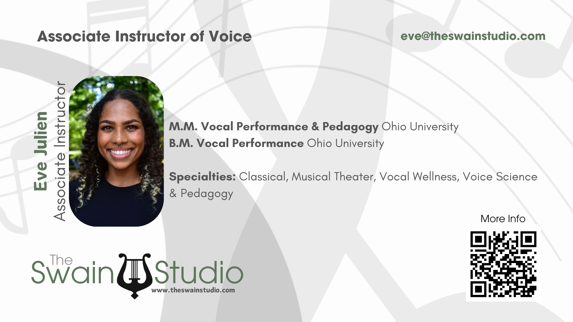Business card for Eve Julien, Associate Instructor of Voice at The Swain Studio. Includes a photo of Eve Julien, her email eve@theswainstudio.com, and a QR code for more information.