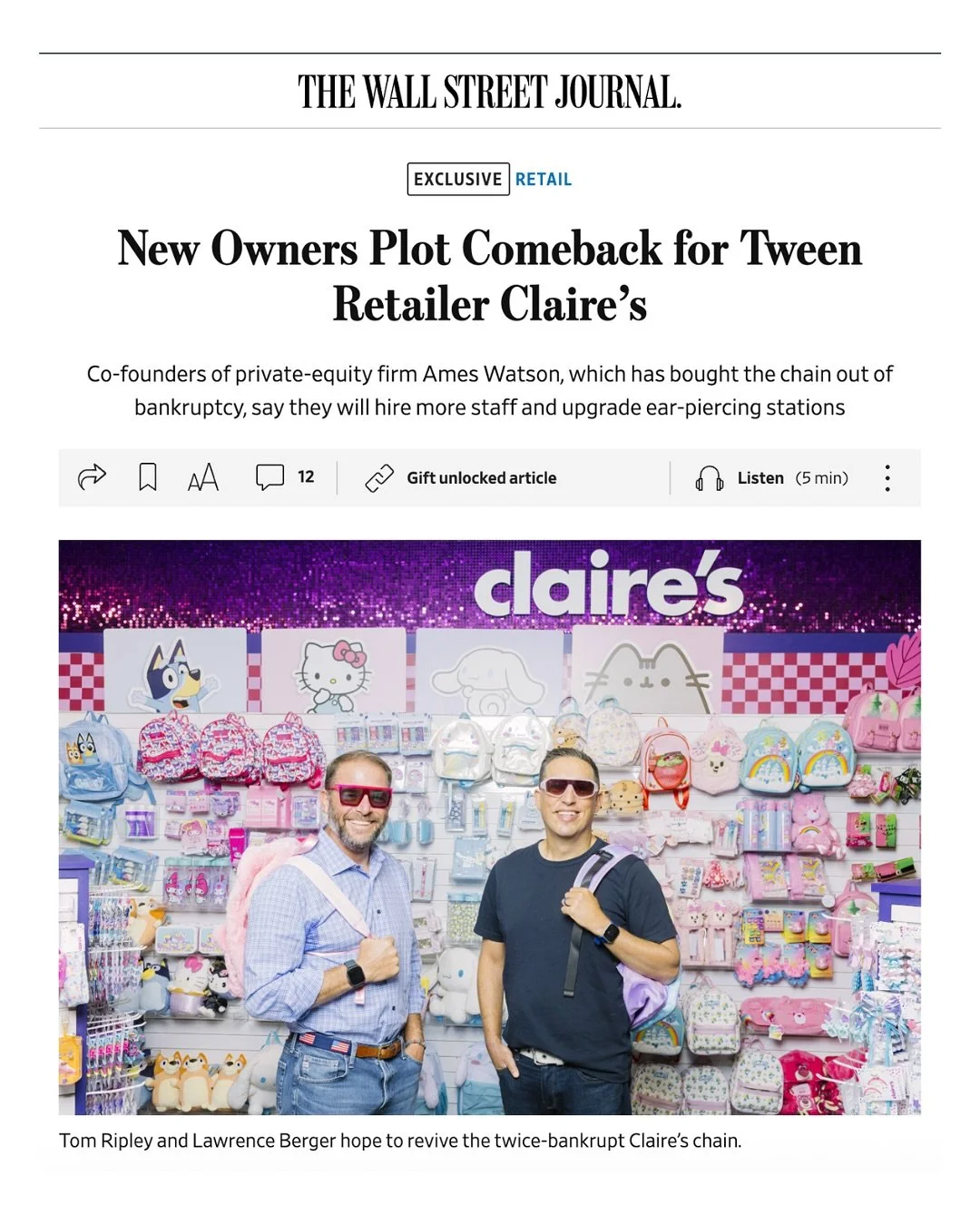 Full circle moment: from building core memories at @clairesstores to now being part of this major milestone, we&rsquo;re honored to help tell the story shaping the brand&rsquo;s next chapter ✨

a big thank you to @wsj for capturing the heart of it 🗞