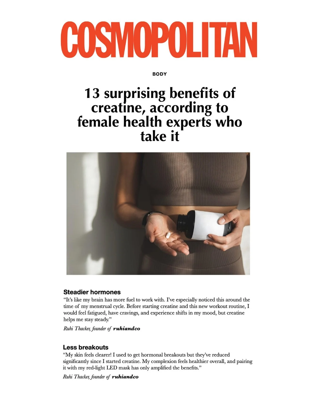 @ruhithakker tapped by @cosmopolitan on the role of creatine for women, shaped by her personal experiences and work with leading wellness brands