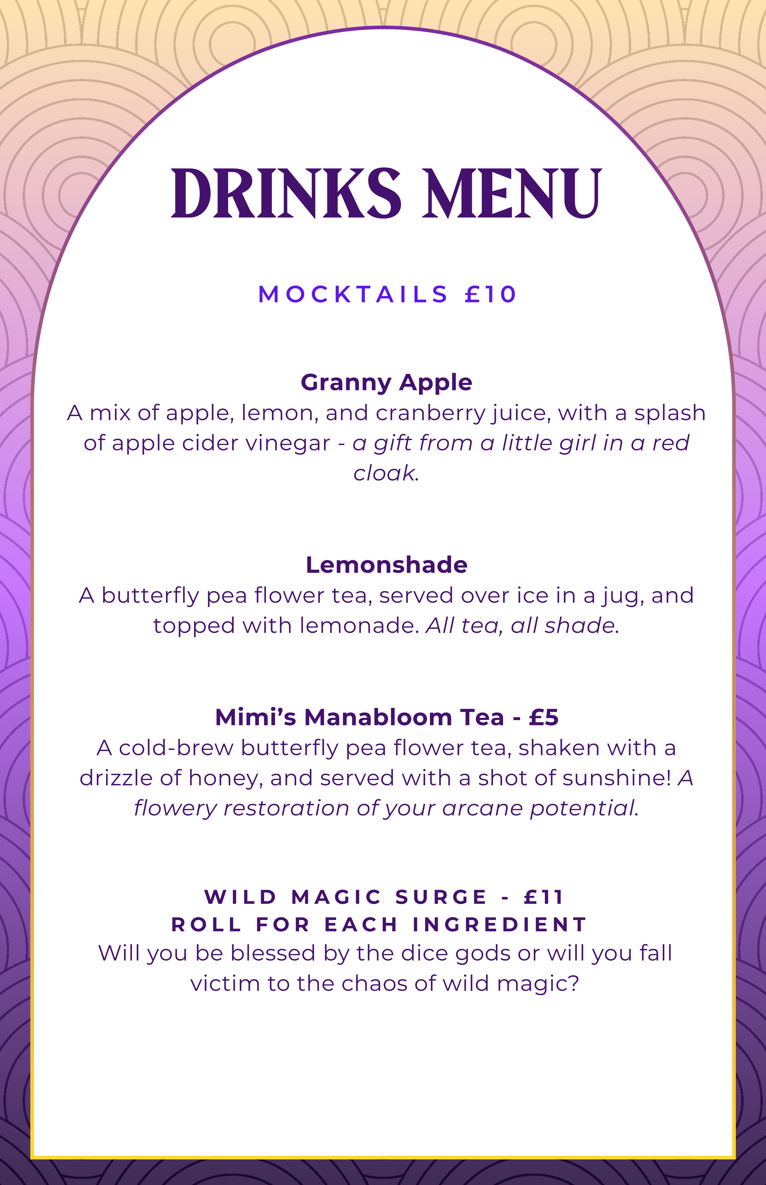 Drinks menu with a purple and pink decorative border and a white background, listing mocktails including Granny Apple, Lemonshade, Mimi's Manabloom Tea, and Wild Magic Surge with descriptions and prices.