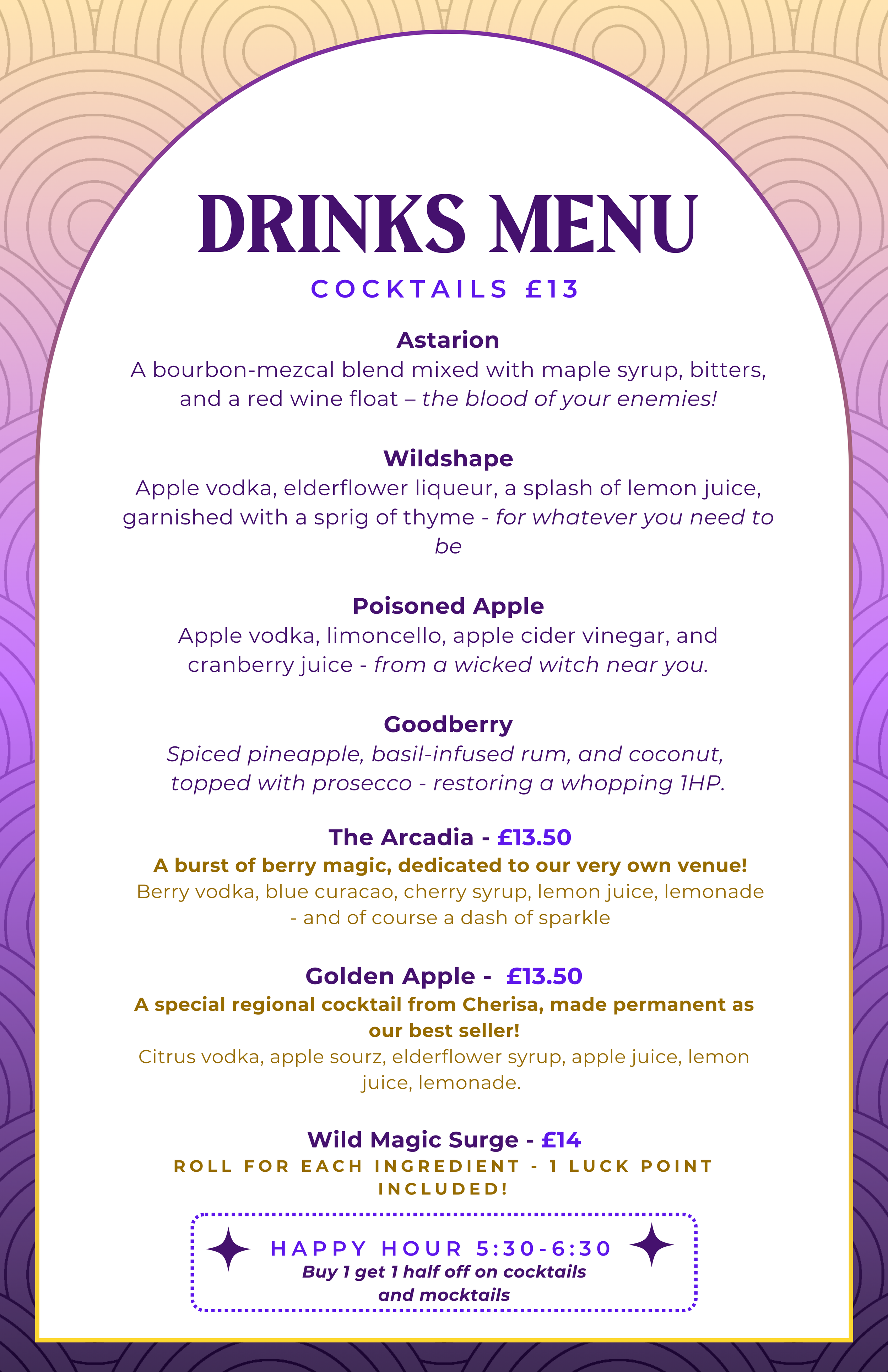 Drinks menu with cocktail options, prices, and descriptions on a purple and gold decorative background.