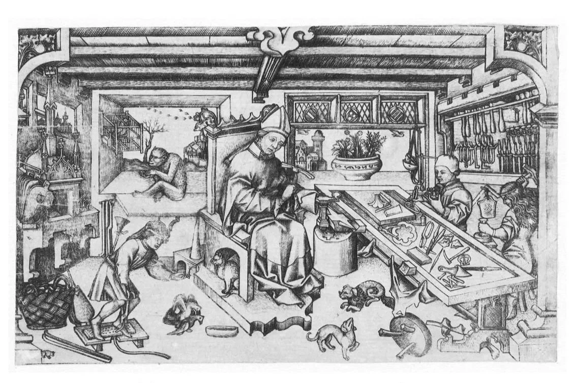 A detailed black-and-white drawing of a medieval workshop showing a man working at a bench with various tools, animals and children around, and another man reading a book outdoors in the background.