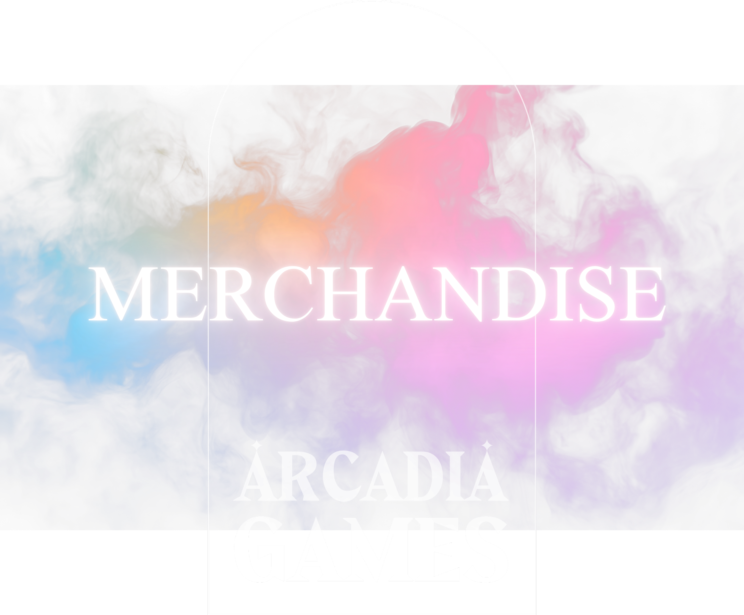 Colorful smoke background with the words 'Merchandise' and 'Arcadia Games' in glowing white text.
